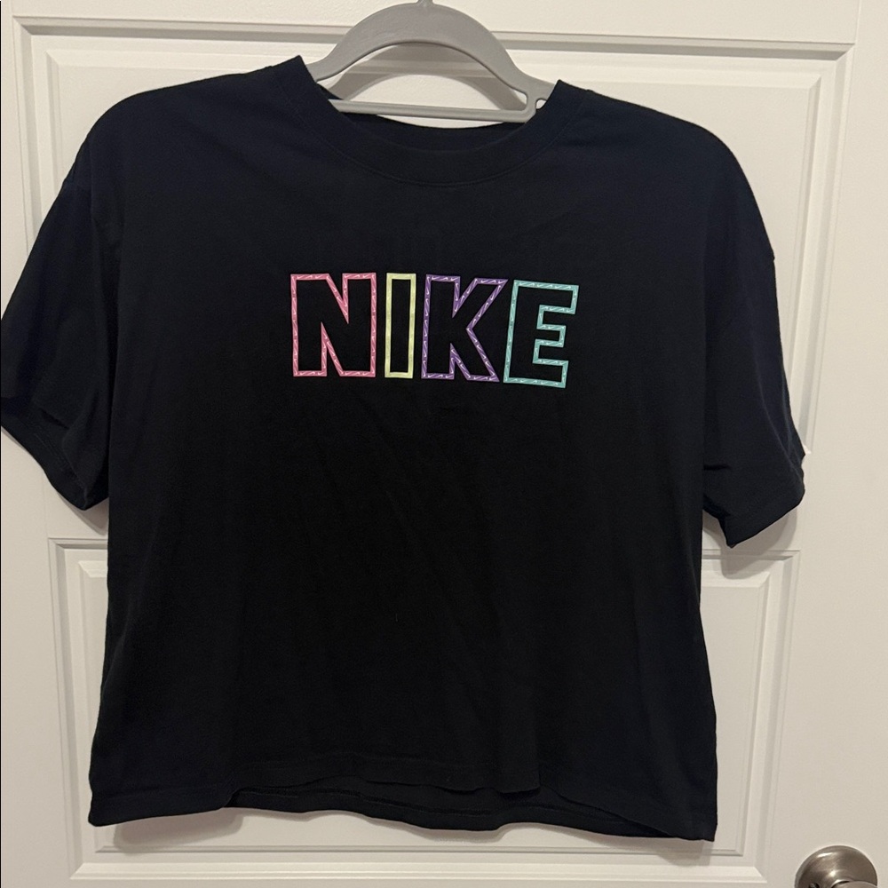 Nike Black Cropped Tee with Rainbow Outlined Logo